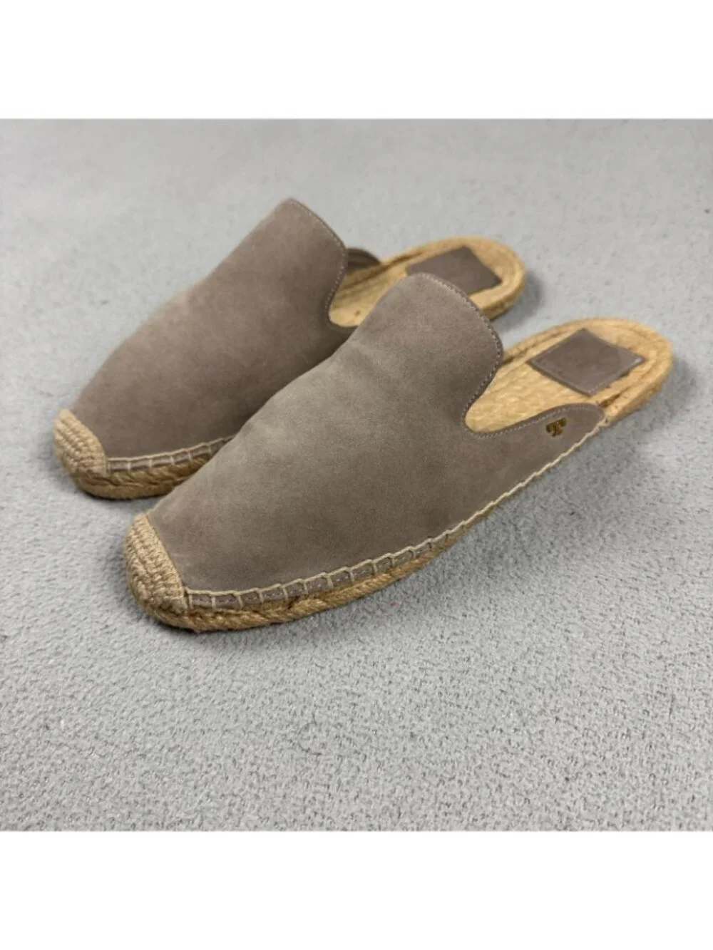 Tory Burch Suede Espadrille Mules Womens Size 8.5 M Taupe Slides Flat Slipper